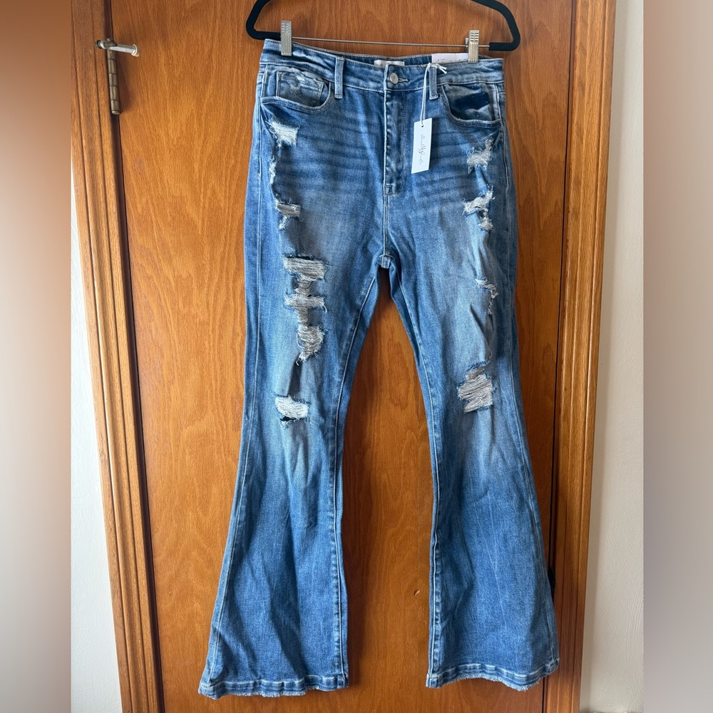 Women's Blue Distressed Flare Jeans